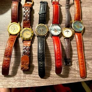 6 assorted Fossil quartz watches.  Need batteries.